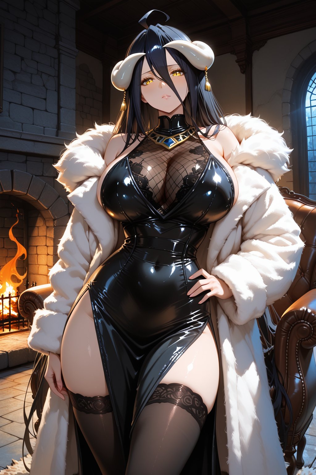 White-haired anime woman in a luxurious autumn penthouse setting