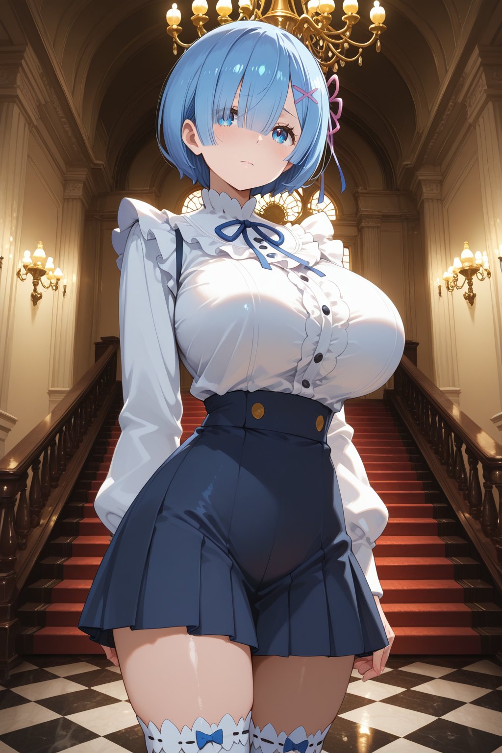 Blue-haired anime woman in an elegant autumn mansion setting